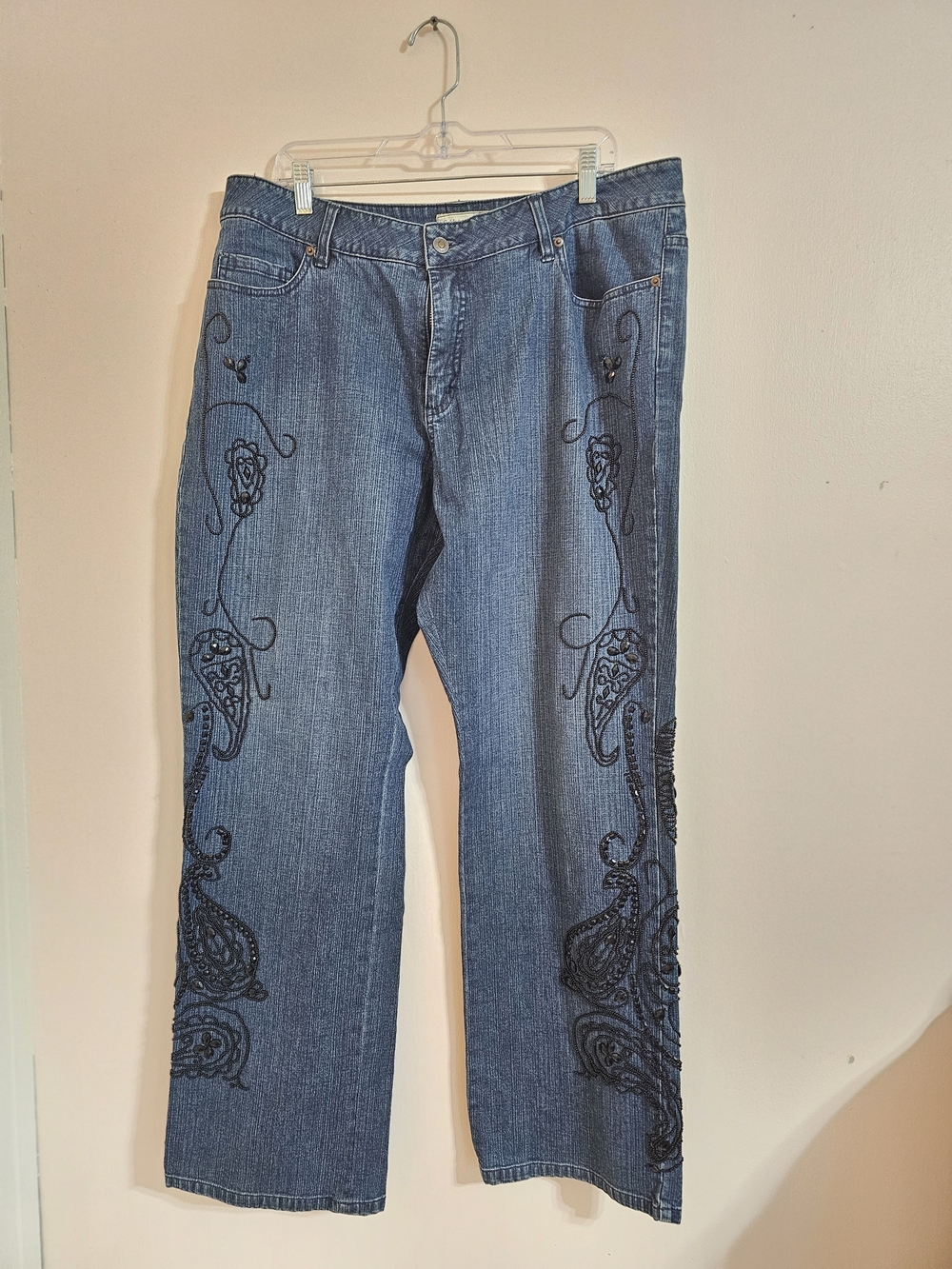 Coldwater Creek Sz 18/20 Blue Straight-Leg Jeans with Black Beaded